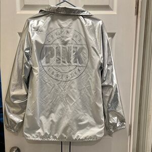 PINK Victoria's Secret Silver Metallic Logo Windbreaker Jacket